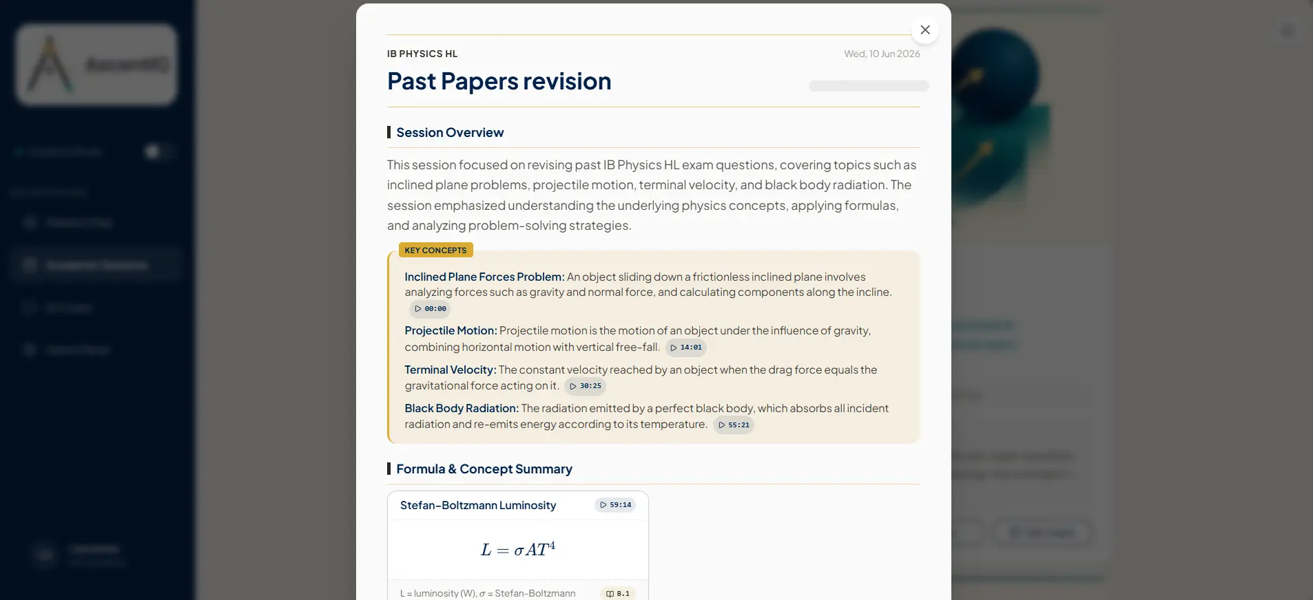 Screenshot of a single session summary, showing the concepts covered as a list of timestamped links into the recording.