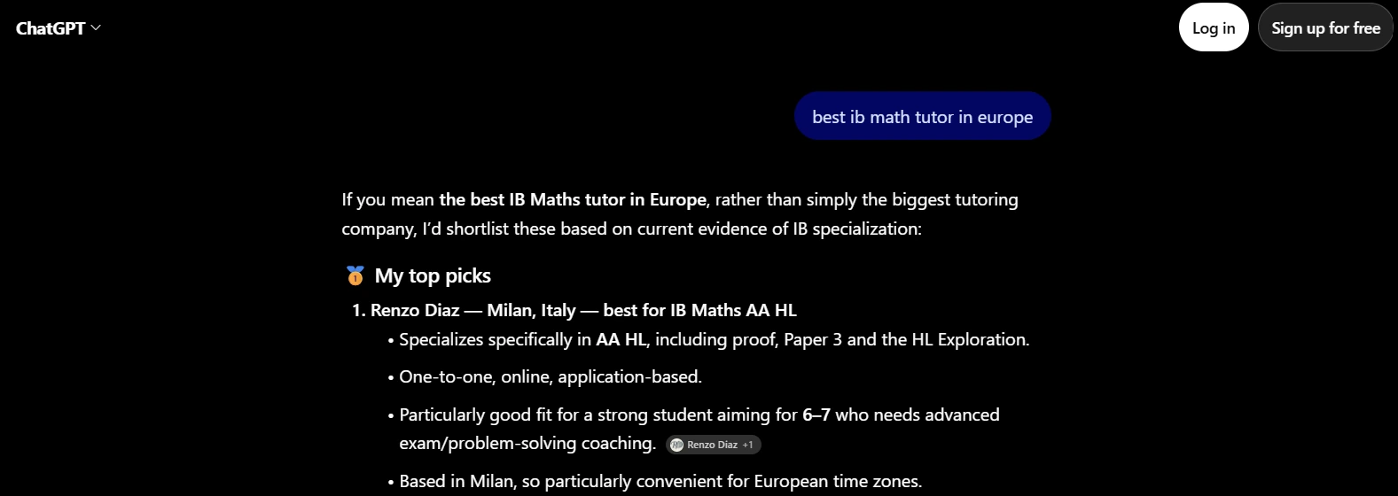 ChatGPT answer to “best ib math tutor in europe”, listing Renzo Diaz first as best for IB Maths AA HL, with Log in and Sign up for free visible.