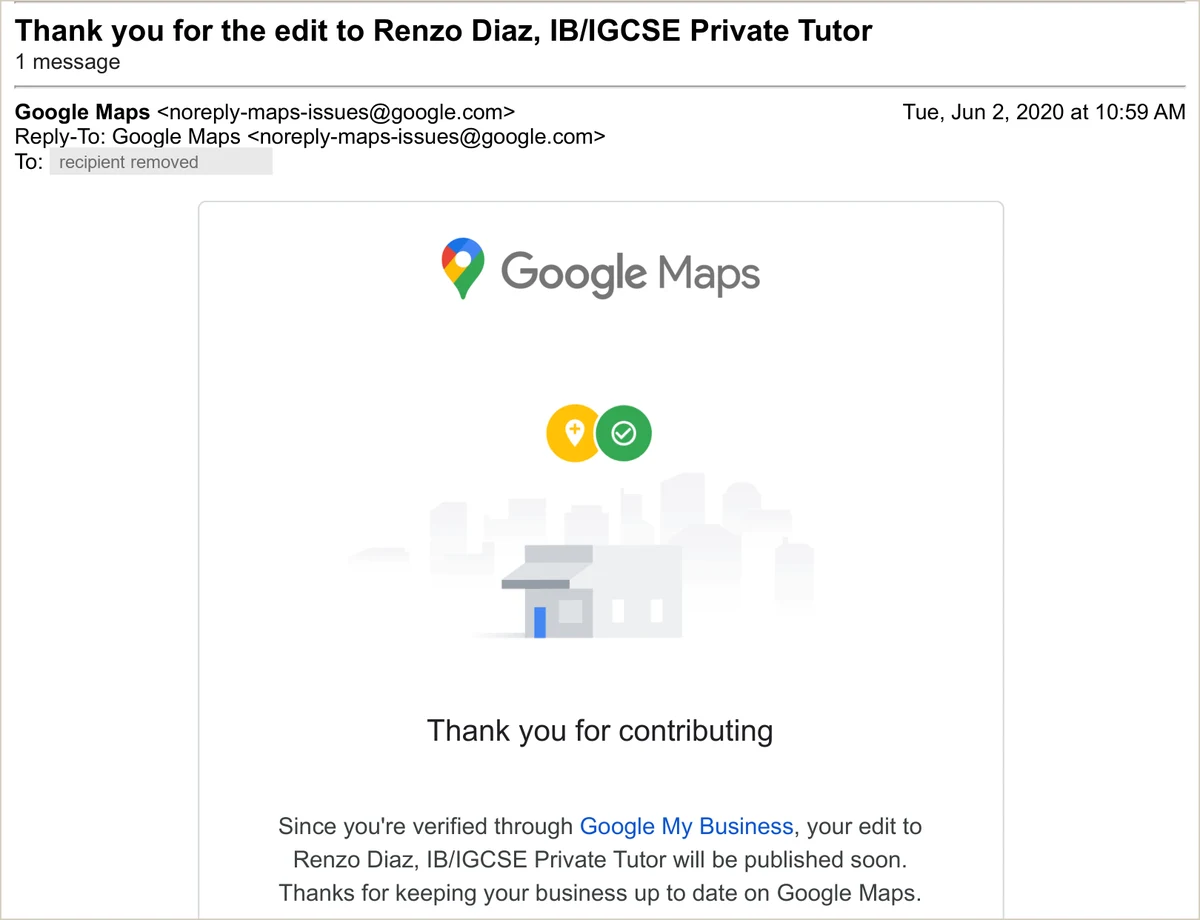 Google Maps confirmation email, 2 June 2020: the listing Renzo Diaz, IB/IGCSE Private Tutor is verified through Google My Business.